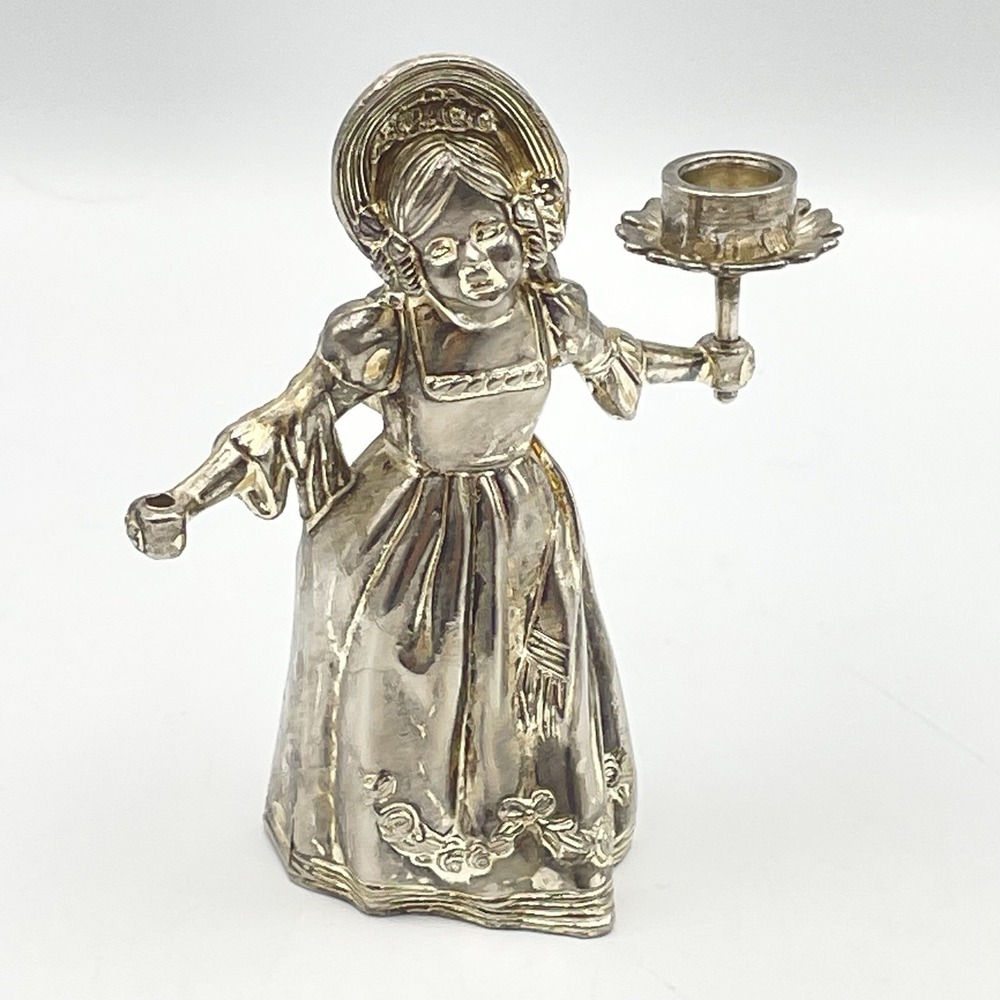 Vintage 1980s Silver Tone Victorian Lady Candle Holder Figurine 4" Tall